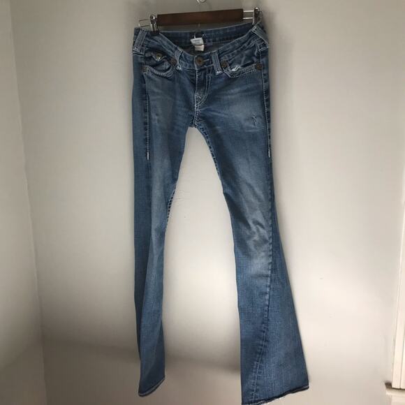 True Religion VTG Joey Big T twisted flare denim jeans womens 28 white stitching - Picture 1 of 14